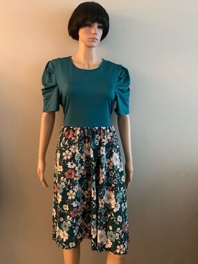 Bwear Teal Floral Midi Dress with Tie-Back Waist